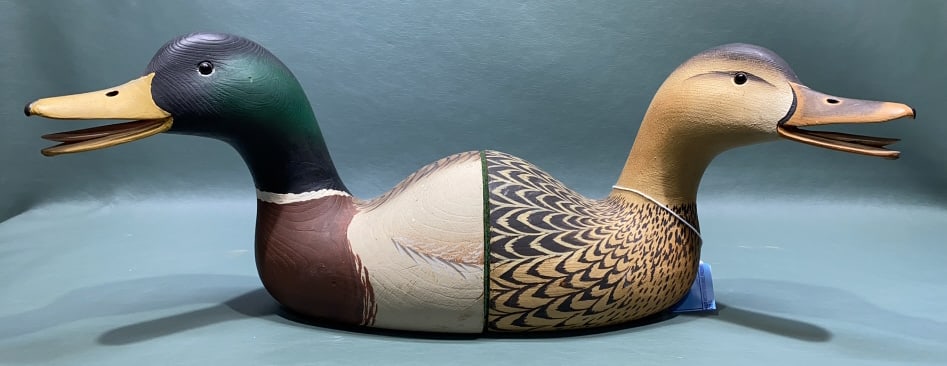 PAIR OLIVER LAWSON MALLARD DECOY BOOKENDS: W/ OPEN MOUTH CARVINGS