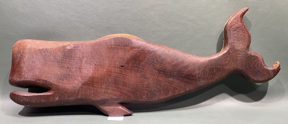 JACK O'BRIEN CARVED WOOD WHALE: CENTREVILLE, MD - MADE FROM SCRAP OSAGE ORANGE WOOD FROM THE CONSTRUCTION OF THE SULTANA IN CHESTERTOWN MD