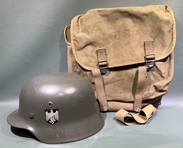 GERMAN MILITARY HELMET & US BAG: 11" x 6"