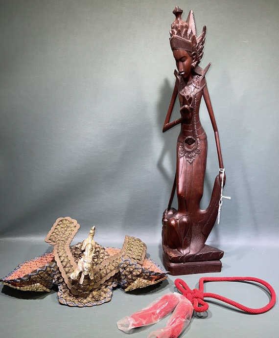 CARVED ORIENTAL FIGURE & HELMET MADE OF COINS (1 of 16)