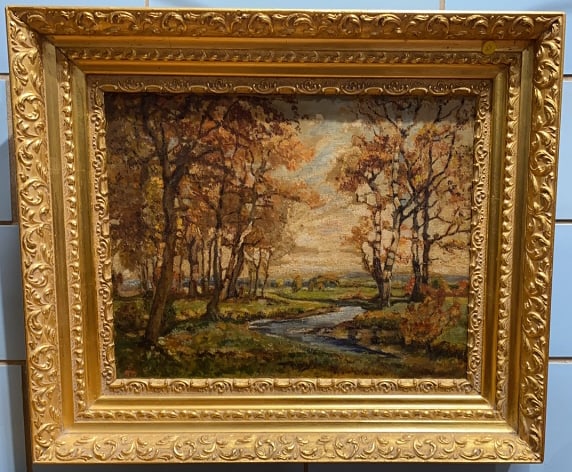 OIL ON CANVAS OF STREAM SCENE W/GOLD GILT FRAME (1 of 4)