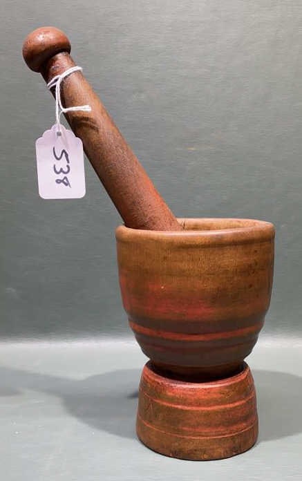 ANTIQUE WOOD MORTAR & PESTAL: 8 1/2" X 6"