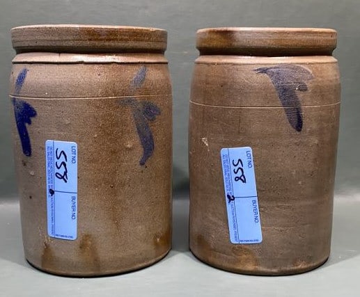2 BLUE DECORATED STONEWARE CROCKS (1 of 10)