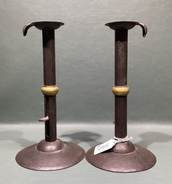 PAIR TALL HOG SCRAPER CANDLESTICKS (1 of 5)