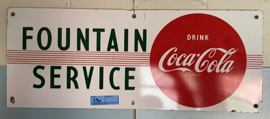 COCA COLA "FOUNTAIN SERVICE" METAL ADV. SIGN: 29 1/2" X 12"