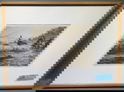 MARTIN LEWIS ETCHING "DEPARTURE OF THE BOATS": FRAME 23" X 17" IMAGE 11 3/4" X 8"