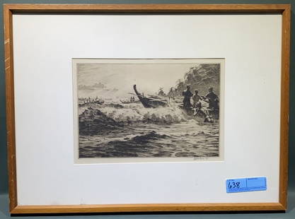 MARTIN LEWIS ETCHING "DEPARTURE OF THE BOATS": FRAME 23" X 17" IMAGE 11 3/4" X 8"