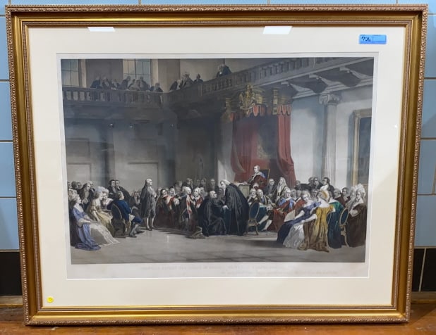 LARGE FRANKLIN PRINT IN QUALTIY GOLD FRAME: FRANKLIN BEFORE THE LORDS IN COUNCIL WHITEHALL CHAPEL LONDON 1774 ~ 52 X 42"