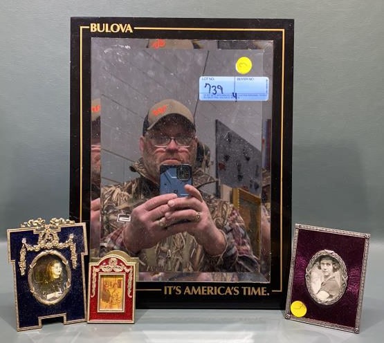BULOVA ADVERTISING MIRROR & 3 FRAMES: 14 1/2" X 11" X 5"
