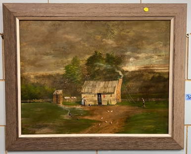 ERNEST ALBERT LAND OIL ON BOARD OF FARM SCENE: AFRICAN AMERICAN FARM SCENE ~ 31" X 25"