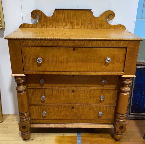 ANT. TIGER MAPLE CHEST W/GLASS PULLS: 52" X 46" X 21"