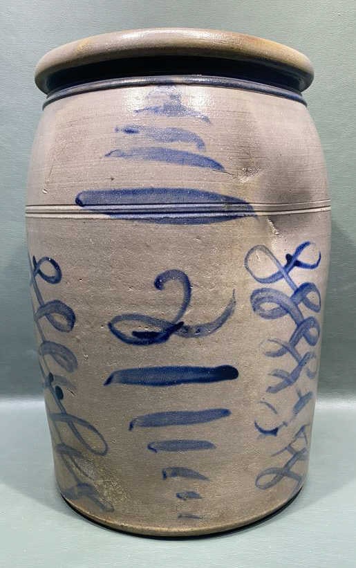 2 GAL. BLUE DECORATED STONEWARE CROCK (1 of 4)