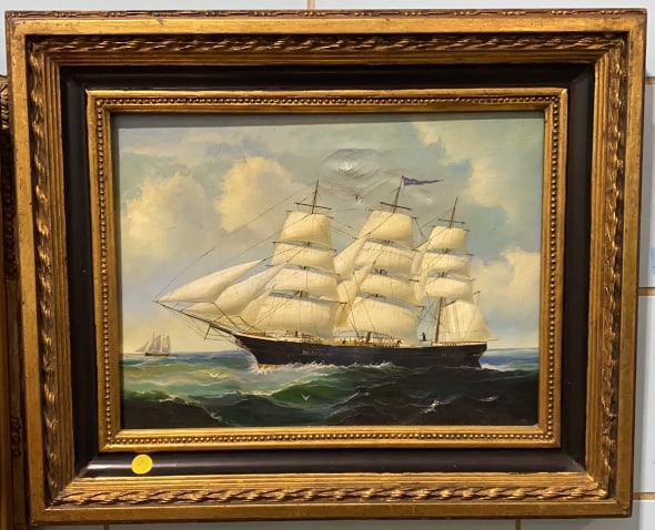 FRAMED PAINTING OF SAILING SHIP: 22" X 18"