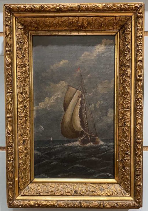 OIL ON BOARD OF SAILING SHIP: 12 1/2" X 8 1/2"