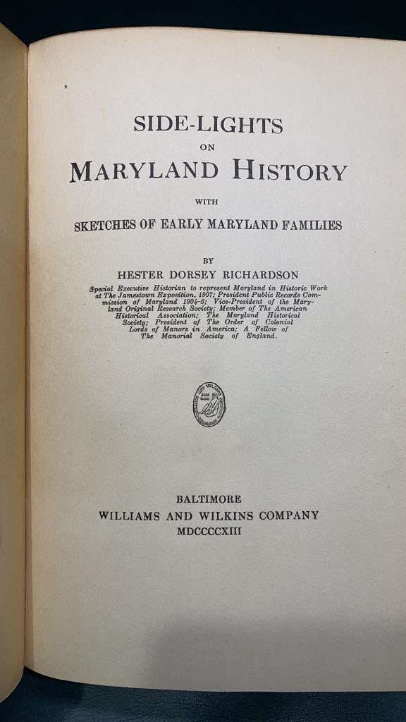 SIDELIGHTS OF MARYLAND HISTORY 1913 IN 2 VOLS.: 1 VOLUME AUTHOR INSCRIBED TO CAPT TCB HOWARD OF MARYLAND OYSTER WARS ~ 8 1/4" X 6"