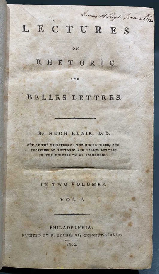 BLAIR'S LECTURES 1802 IN 2 VOLS.: OWNER DANIEL M LLOYD & JAMES M LLOYD SONS OF MD GOV. EDWARD LLOYD, WYE HOUSE QUEEN ANNES COUNTY