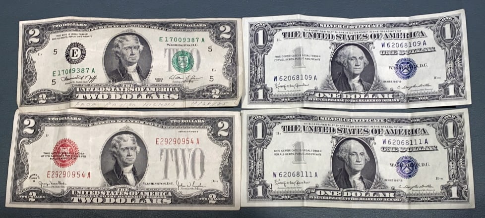 1928 RED SEAL $2 BILL & 2-$1 SILVER CERTIFICATE (1 of 6)