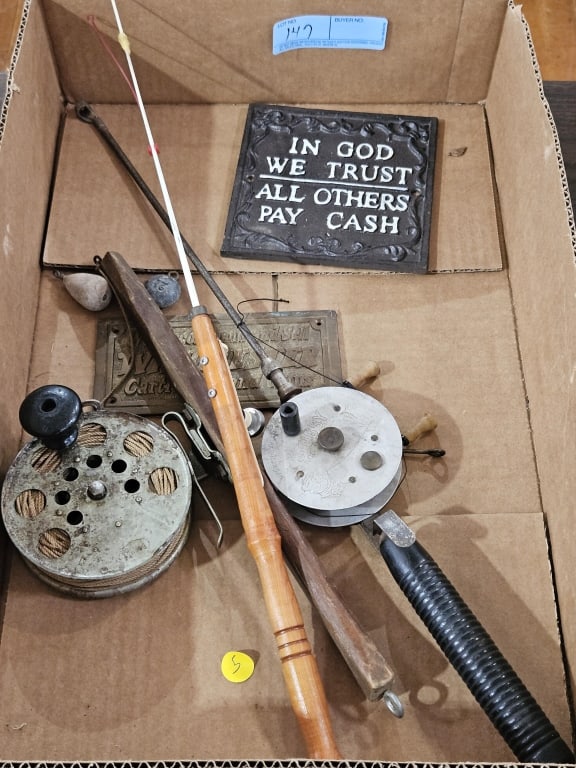VINTAGE ICE FISHING ROD & SIGN LOT: ~