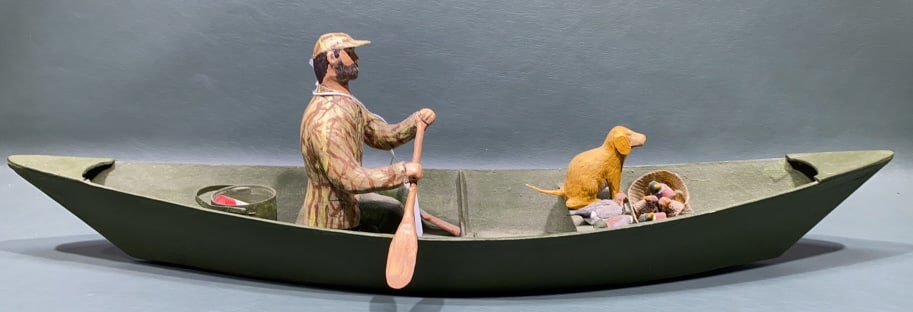 MIKE ZERIUGUE (LA) CARVED PIROGUE & DUCK HUNTER: 19" LONG