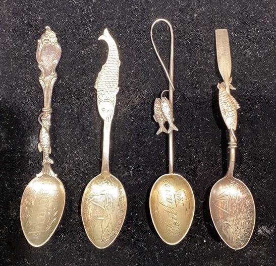 4 VARIOUS STERLING SPOONS W/ FISH DECORATION: ~