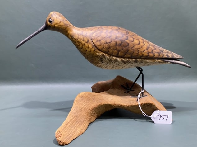 SHOREBIRD ON DRIFTWOOD W/ BULL BRAND: 15" X 9"