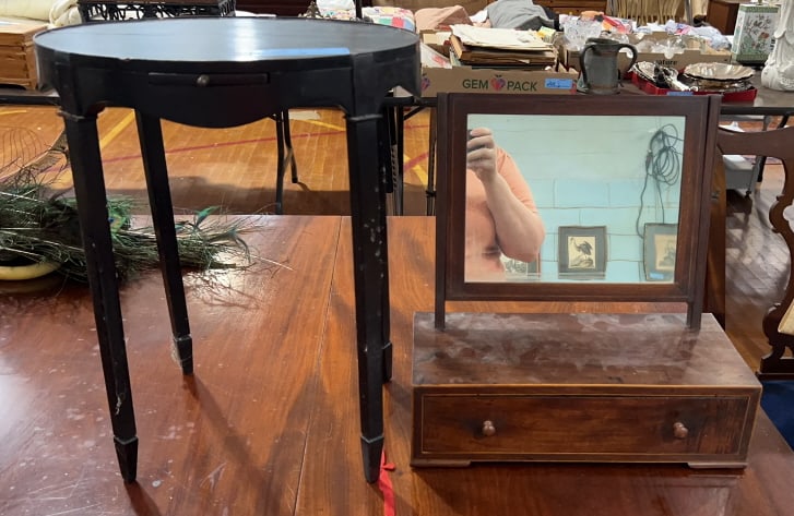 ANTIQUE INLAID SHAVING MIRROR & TEA KETTLE STAND: Stand is 18" tall