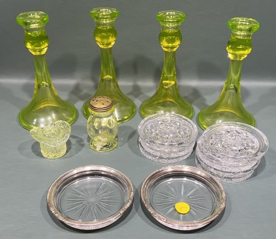 VASELINE CANDLESTICKS, SHAKER & STERLING COASTER: LOT