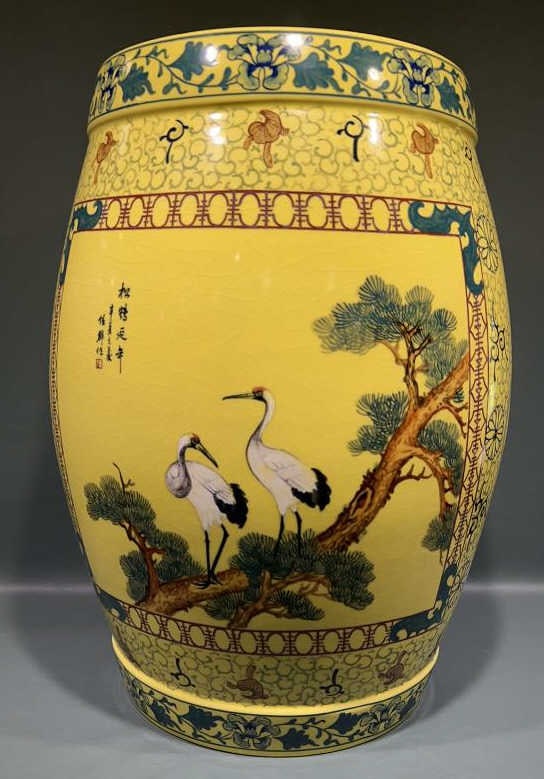 YELLOW ORIENTAL GARDEN SEAT W/ HERONS: 18" TALL