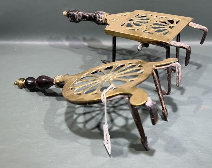 2 ANTIQUE BRASS & IRON TRIVETS: LARGEST IS 14" X 6"