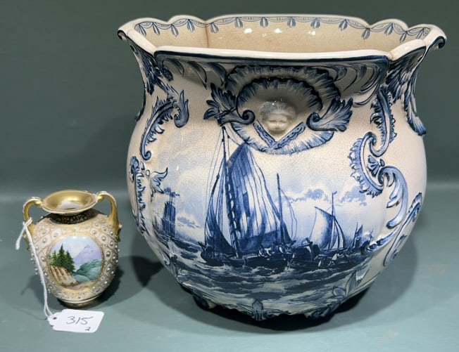 SMALL NIPPON VASE & BLUE & WHITE PLANTER: PLANTER IS 9 1/4" TALL