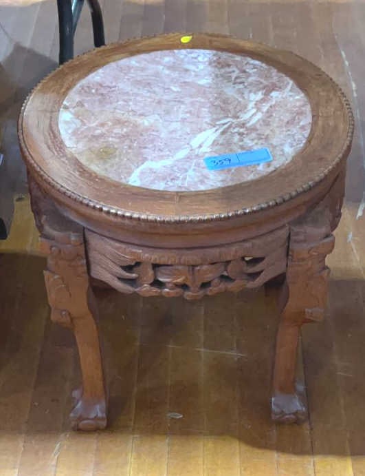 CARVED TEAK MARBLE TOP TABLE: 18" TALL