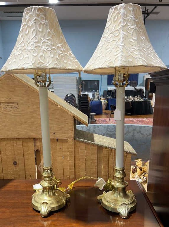 PAIR OF HEAVY BRASS CANDLESTICK LAMPS (1 of 4)