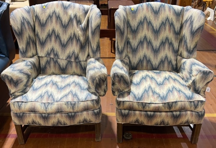 PAIR CHIPPENDALE UPHOLSTERED WING CHAIRS (1 of 6)