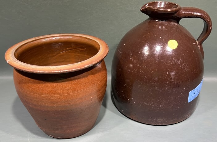 ROUND STONE WARE JUG & CROCK: 9-1/2" LARGER ONE