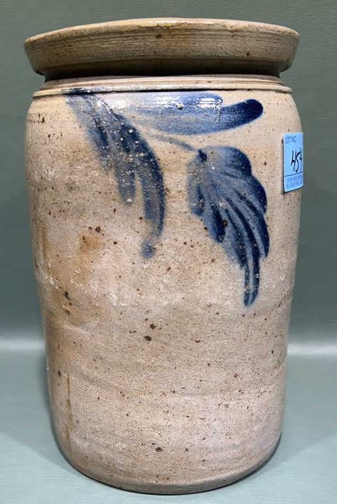 BLUE DECORATED STONEWARE CROCK: 10" TALL