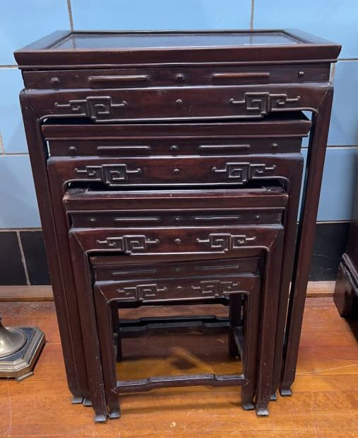 ORIENTAL CARVED NEST OF 4 TABLES: LARGEST IS 19 1/4" X 13 3/4" X 29 1/2"