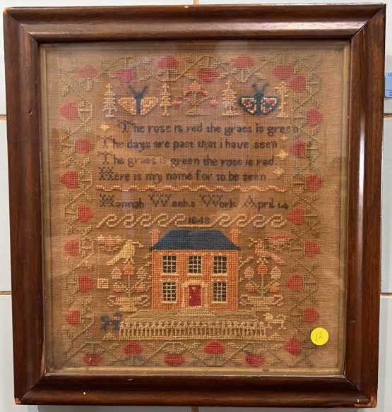 HANNAH WEEKS 1848 SAMPLER W/HOUSE & BIRDS (1 of 6)