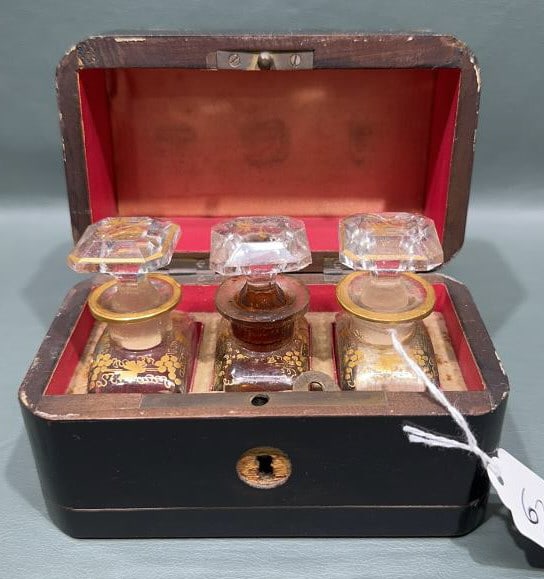 ANTIQUE FRENCH PERFUME CADDY W/ BACCARAT BOTTLES: UNSIGNED BOTTLES SOME LOSE TO INLAID 5-1/2 x 4-3/4 x 3-1/4