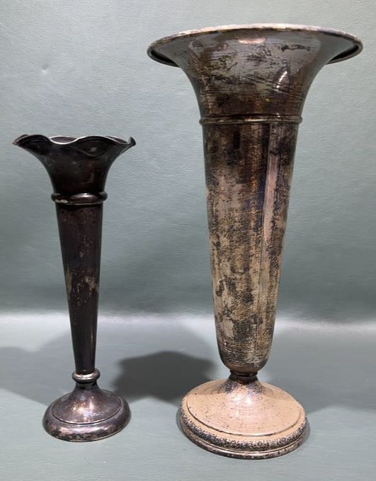 LARGE STERLING VASE & ENGLISH SILVER VASE: LARGEST IS 10"