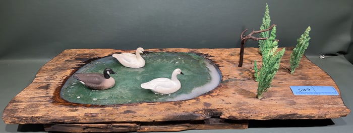 2 MINIATURE SWANS & GOOSE IN A POND DIORAMA