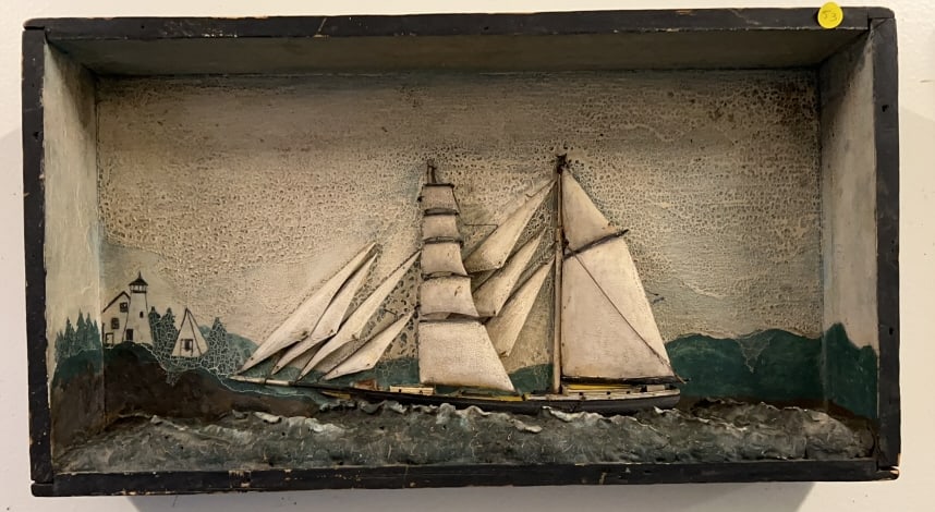 ANTIQUE SHIP'S DIORAMA: 25 1/2" long, 14" tall, 4 1/4" deep.