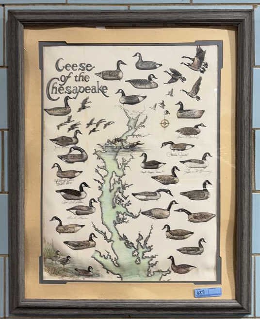 VALERIE LLYOD "GEESE OF THE CHESAPEAKE" DRAWING: SIGNED BY NUMEROUS CARVERS ~ 38" X 30-1/2"