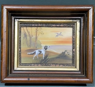 ANTIQUE PAINTING ON PORCELAIN OF POINTER DOG