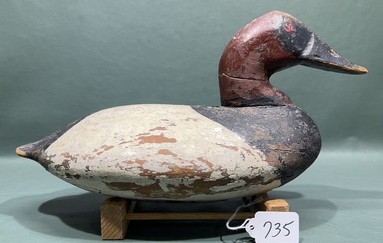 UPPER BAY CANVASBACK DECOY W/WORKING REHEAD: ~14" X 7-1/2"