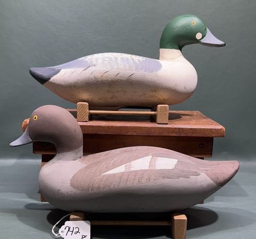 PAIR OF MADISON MITCHELL GOLDENEYES 1978: NECK CRACKED ON DRAKE ~14-1/2" X 7-1/2"