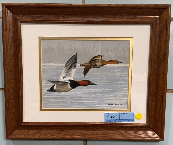 LOUIS FRISINO PAINTING OF CANVASBACKS IN FLIGHT: ~ 17-1/2" X 14-1/2"