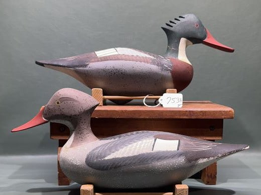 PAIR OF JIM PIERCE MERGANSERS: BOTH HAVE CRACKED NECK ~ 16" X 7"