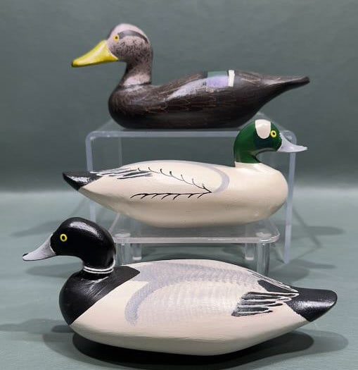 3 MINIATURE CLARENCE BAUER DECOYS: BLACK DUCK, BLUEBILL, BUFFLEHEAD ~LARGEST 7" X 3"