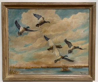 J. E. T. BENSON OIL OF CANVAS OF MALLARDS FLYING