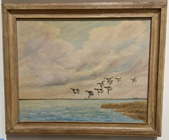 J. E. T. BENSON OIL OF CANVASBACKS FLYING: 23-1/2" X 19-1/2"